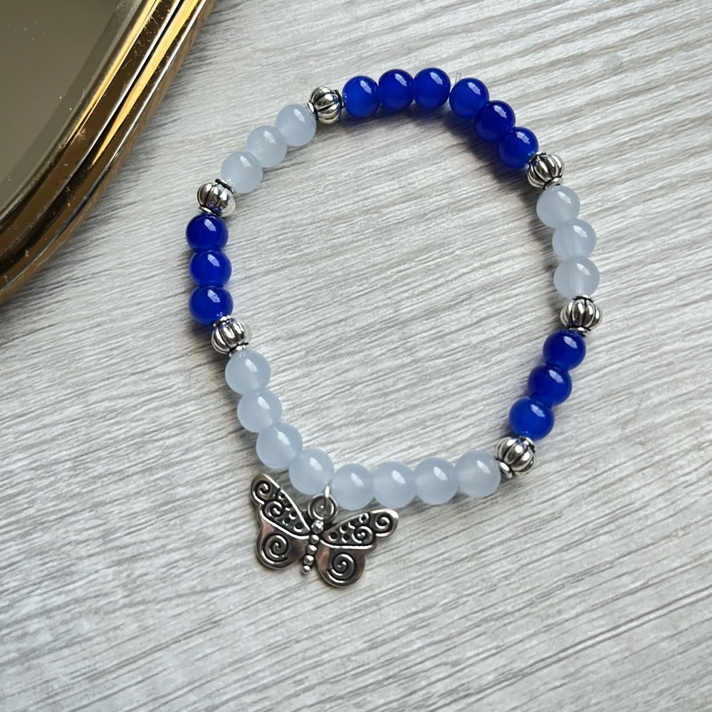 Glass Bead Bracelet | Butterfly Bracelet | 6mm Beads | Blue Bracelet